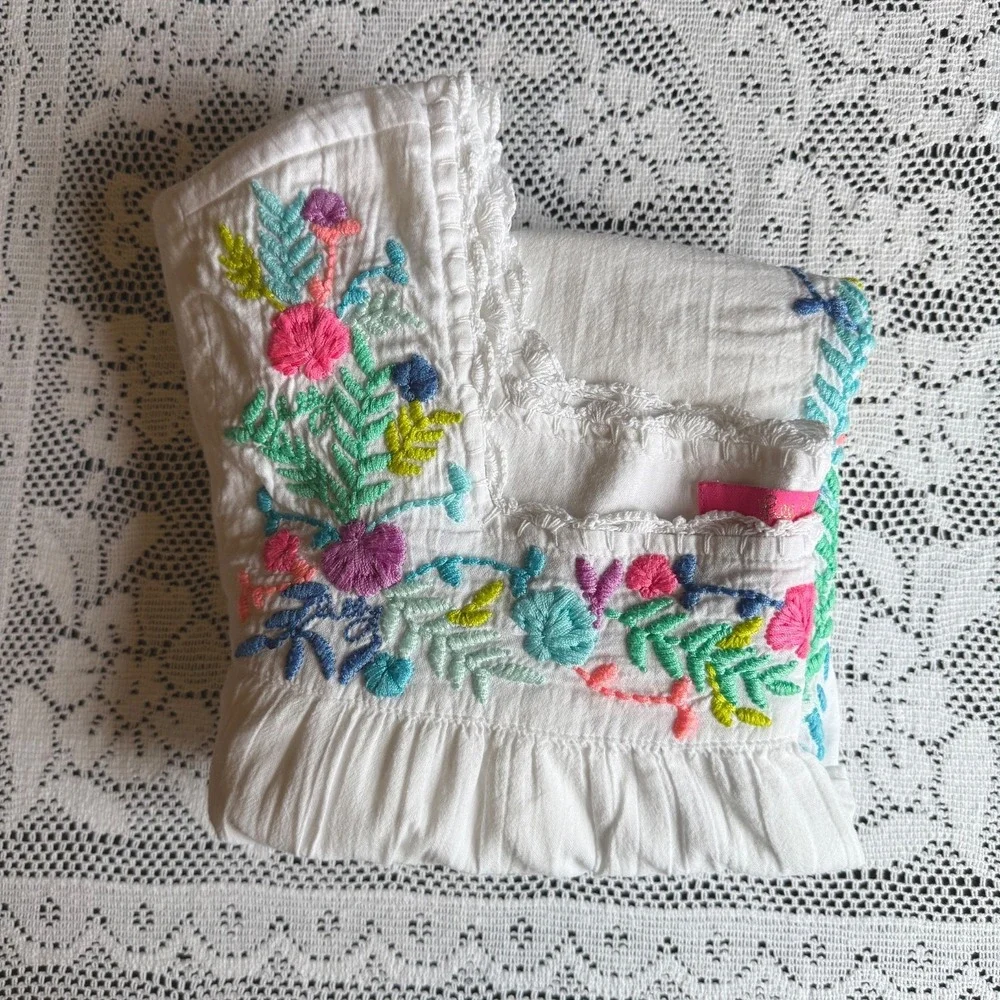 Lilly Pulitzer Tamryn Top White Floral Embroidered Square Neck Peasant Blouse M - Picture 11 of 11